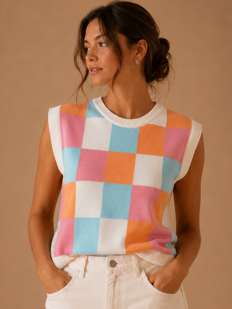 Bibi Colorblock Sweater Vest Small Pink Blue Orange Checker Knit Preppy S